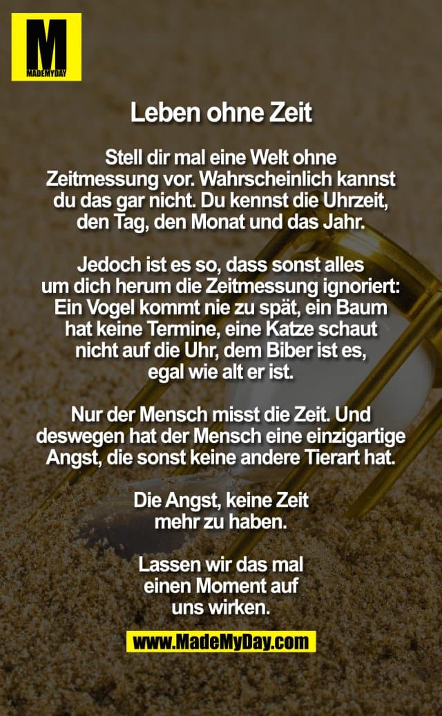 Leben ohne Zeit
Stell dir mal eine Welt ohne Zeitmessung vor. Wahrscheinlich kannst du das gar nicht. Du kennst die Uhrzeit, den Tag, den Monat und das Jahr.
Jedoch ist es so, dass sonst alles um dich herum die Zeitmessung ignoriert: Ein Vogel kommt nie zu spät, ein Baum hat keine Termine, eine Katze schaut nicht auf die Uhr, dem Biber ist es, egal wie alt er ist.
Nur der Mensch misst die Zeit. Und deswegen hat der Mensch eine einzigartige Angst, die sonst keine andere Tierart hat.
Die Angst, keine Zeit mehr zu haben.
Lassen wir das Mal einen Moment auf uns wirken. - Inspiration, Zitate & Sprüche | MadeMyDay | Jetzt entdecken & teilen Leben ohne Zeit
Stell dir mal eine Welt ohne Zeitmessung vor. Wahrscheinlich kannst du das gar nicht. Du kennst die Uhrzeit, den Tag, den Monat und das Jahr.
Jedoch ist es so, dass sonst alles um dich herum die Zeitmessung ignoriert: Ein Vogel kommt nie zu spät, ein Baum hat keine Termine, eine Katze schaut nicht auf die Uhr, dem Biber ist es, egal wie alt er ist.
Nur der Mensch misst die Zeit. Und deswegen hat der Mensch eine einzigartige Angst, die sonst keine andere Tierart hat.
Die Angst, keine Zeit mehr zu haben.
Lassen wir das Mal einen Moment auf uns wirken. - Inspirierendes Zitat mit Bild