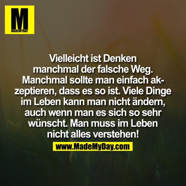 Vielleicht ist Denken
manchmal der falsche Weg.
Manchmal sollte man einfach ak-
zeptieren, dass es so ist. Viele Dinge
im Leben kann man nicht ändern,
auch wenn man es sich so sehr
wünscht. Man muss im Leben
nicht alles verstehen! - Inspiration, Zitate & Sprüche | MadeMyDay | Jetzt entdecken & teilen Vielleicht ist Denken
manchmal der falsche Weg.
Manchmal sollte man einfach ak-
zeptieren, dass es so ist. Viele Dinge
im Leben kann man nicht ändern,
auch wenn man es sich so sehr
wünscht. Man muss im Leben
nicht alles verstehen! - Inspirierendes Zitat mit Bild