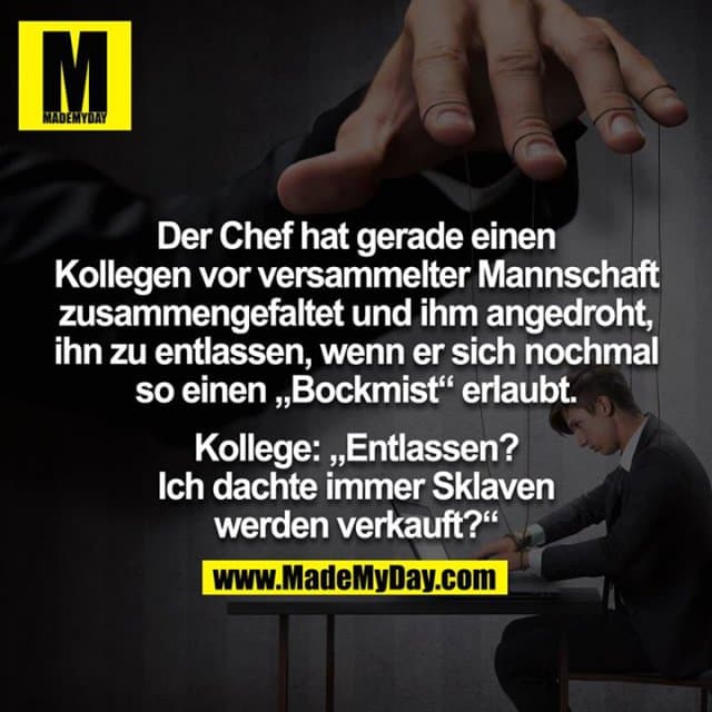 Der Chef hat gerade einen Kollegen vor versammelter Mannschaft zusammengefaltet und ihm angedroht, ihn zu entlassen, wenn er sich nochmal so einen „Bockmist“ erlaubt.
Kollege: „Entlassen? Ich dachte immer Sklaven werden verkauft?“ - Inspiration, Zitate & Sprüche | MadeMyDay | Jetzt entdecken & teilen Der Chef hat gerade einen Kollegen vor versammelter Mannschaft zusammengefaltet und ihm angedroht, ihn zu entlassen, wenn er sich nochmal so einen „Bockmist“ erlaubt.
Kollege: „Entlassen? Ich dachte immer Sklaven werden verkauft?“ - Inspirierendes Zitat mit Bild