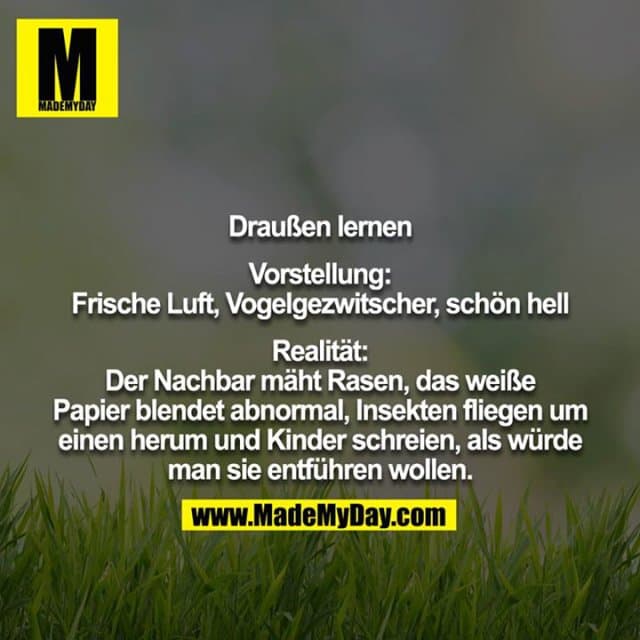 Draußen lernen
Vorstellung:
Frische Luft, Vogelgezwitscher, schön hell
Realität:
Der Nachbar mäht Rasen, das weiße Papier blendet abnormal, Insekten fliegen um einen herum und Kinder schreien, als würde man sie entführen wollen. - Inspiration, Zitate & Sprüche | MadeMyDay | Jetzt entdecken & teilen Draußen lernen
Vorstellung:
Frische Luft, Vogelgezwitscher, schön hell
Realität:
Der Nachbar mäht Rasen, das weiße Papier blendet abnormal, Insekten fliegen um einen herum und Kinder schreien, als würde man sie entführen wollen. - Inspirierendes Zitat mit Bild