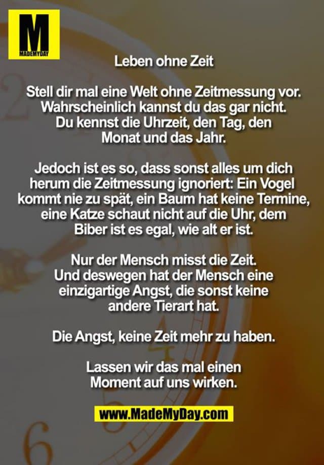 Leben ohne Zeit
Stell dir mal eine Welt ohne Zeitmessung vor. Wahrscheinlich kannst du das gar nicht. Du kennst die Uhrzeit, den Tag, den
Monat und das Jahr.
Jedoch ist es so, dass sonst alles um dich herum die Zeitmessung ignoriert: Ein Vogel kommt nie zu spät, ein Baum hat keine Termine, eine Katze schaut nicht auf die Uhr, dem Biber ist es egal, wie alt er ist.
Nur der Mensch misst die Zeit. Und deswegen hat der Mensch eine einzigartige Angst, die sonst keine andere Tierart hat.
Die Angst, keine Zeit mehr zu haben.
Lassen wir das mal einen Moment auf uns wirken. - Inspiration, Zitate & Sprüche | MadeMyDay | Jetzt entdecken & teilen Leben ohne Zeit
Stell dir mal eine Welt ohne Zeitmessung vor. Wahrscheinlich kannst du das gar nicht. Du kennst die Uhrzeit, den Tag, den
Monat und das Jahr.
Jedoch ist es so, dass sonst alles um dich herum die Zeitmessung ignoriert: Ein Vogel kommt nie zu spät, ein Baum hat keine Termine, eine Katze schaut nicht auf die Uhr, dem Biber ist es egal, wie alt er ist.
Nur der Mensch misst die Zeit. Und deswegen hat der Mensch eine einzigartige Angst, die sonst keine andere Tierart hat.
Die Angst, keine Zeit mehr zu haben.
Lassen wir das mal einen Moment auf uns wirken. - Inspirierendes Zitat mit Bild