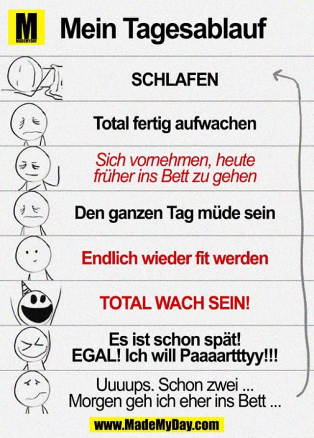 Mein Tagesablauf
Schlafen
Total fertig aufwachen
Sich vornehmen, heute früher ins Bett zu gehen
Den ganzen Tag müde sein
Endlich wieder fit werden
Total wach sein!
Es ist schon spät!
EGAL! Ich will Paaaartttyy!!!
Uuuups. Schon zwei ...
Morgen geh ich eher ins Bett ... - Inspiration, Zitate & Sprüche | MadeMyDay | Jetzt entdecken & teilen Mein Tagesablauf
Schlafen
Total fertig aufwachen
Sich vornehmen, heute früher ins Bett zu gehen
Den ganzen Tag müde sein
Endlich wieder fit werden
Total wach sein!
Es ist schon spät!
EGAL! Ich will Paaaartttyy!!!
Uuuups. Schon zwei ...
Morgen geh ich eher ins Bett ... - Inspirierendes Zitat mit Bild