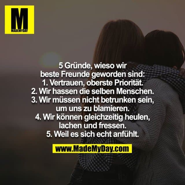 5 Gründe, wieso wir beste Freunde geworden sind:
1. Vertrauen, oberste Priorität.
2. Wir hassen die selben Menschen.
3. Wir müssen nicht betrunken sein, um uns zu blamieren.
4. Wir können gleichzeitig heulen, lachen und fressen.
5. Weil es sich echt anfühlt. - Inspiration, Zitate & Sprüche | MadeMyDay | Jetzt entdecken & teilen 5 Gründe, wieso wir beste Freunde geworden sind:
1. Vertrauen, oberste Priorität.
2. Wir hassen die selben Menschen.
3. Wir müssen nicht betrunken sein, um uns zu blamieren.
4. Wir können gleichzeitig heulen, lachen und fressen.
5. Weil es sich echt anfühlt. - Inspirierendes Zitat mit Bild