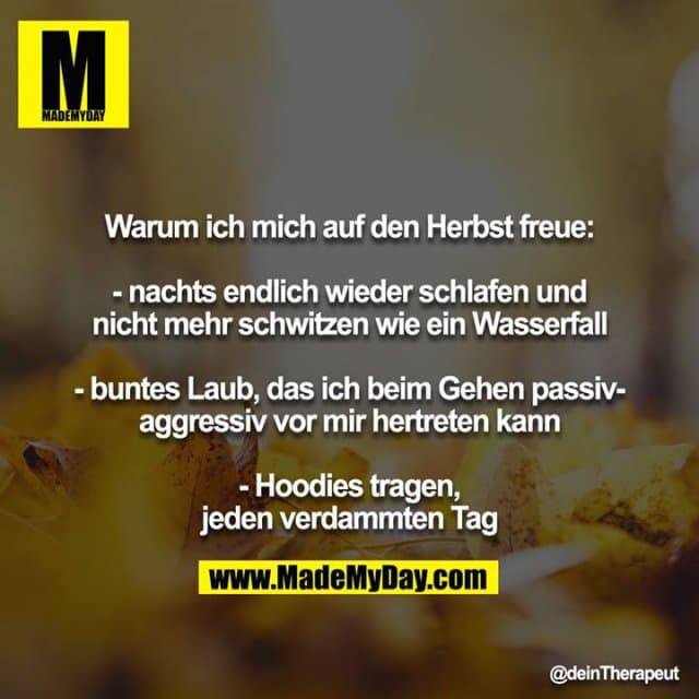 Warum ich mich auf den Herbst freue:
- nachts endlich wieder schlafen und nicht mehr schwitzen wie ein Wasserfall
- buntes Laub, das ich beim Gehen passiv-aggressiv vor mir hertreten kann
- Hoodies tragen, jeden verdammten Tag - Inspiration, Zitate & Sprüche | MadeMyDay | Jetzt entdecken & teilen Warum ich mich auf den Herbst freue:
- nachts endlich wieder schlafen und nicht mehr schwitzen wie ein Wasserfall
- buntes Laub, das ich beim Gehen passiv-aggressiv vor mir hertreten kann
- Hoodies tragen, jeden verdammten Tag - Inspirierendes Zitat mit Bild