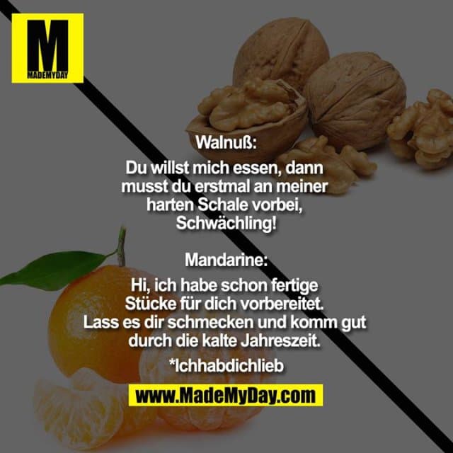 Walnuß:
Du willst mich essen, dann musst du erstmal an meiner harten Schale vorbei, Schwächling!
Mandarine:
Hi, ich habe schon fertige Stücke für dich vorbereitet. Lass es dir schmecken und komm gut durch die kalte Jahreszeit.
*Ichhabdichlieb - Inspiration, Zitate & Sprüche | MadeMyDay | Jetzt entdecken & teilen Walnuß:
Du willst mich essen, dann musst du erstmal an meiner harten Schale vorbei, Schwächling!
Mandarine:
Hi, ich habe schon fertige Stücke für dich vorbereitet. Lass es dir schmecken und komm gut durch die kalte Jahreszeit.
*Ichhabdichlieb - Inspirierendes Zitat mit Bild