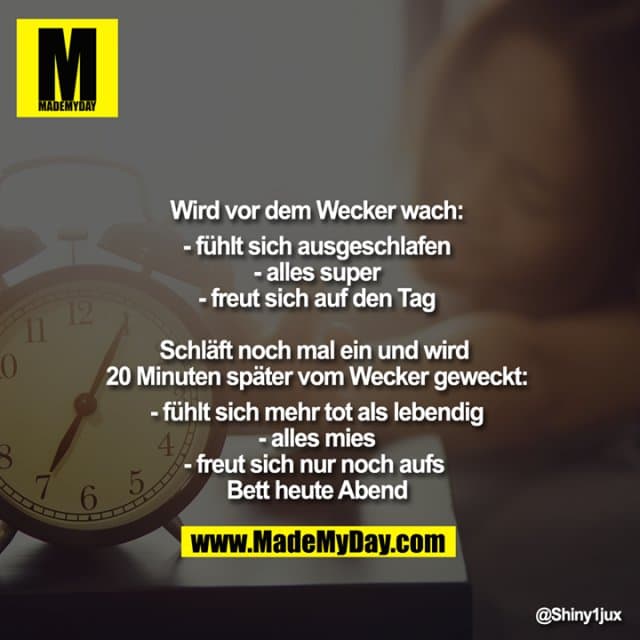 Wird vor dem Wecker wach:
- fühlt sich ausgeschlafen
- alles super
- freut sich auf den Tag
Schläft noch mal ein und wird 20 Minuten später vom Wecker geweckt:
- fühlt sich mehr tot als lebendig
- alles mies
- freut sich nur noch aufs Bett heute Abend - Inspiration, Zitate & Sprüche | MadeMyDay | Jetzt entdecken & teilen Wird vor dem Wecker wach:
- fühlt sich ausgeschlafen
- alles super
- freut sich auf den Tag
Schläft noch mal ein und wird 20 Minuten später vom Wecker geweckt:
- fühlt sich mehr tot als lebendig
- alles mies
- freut sich nur noch aufs Bett heute Abend - Inspirierendes Zitat mit Bild