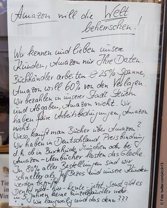 „Wenn eine Buchhandlung ein Buch verkauft, bekommt die Buchhandlung zwischen 20% und 30% des Nettopreises. Amazon verlangt 60% und zahlt kaum Steuern in Deutschland. Die übrigen 40% sollen sich Verlag, Druckerei und Autor teilen. Bitte bestellt eure Bücher beim lokalen Buchhändler.“
Via twitter.com/piccin13 - Inspiration, Zitate & Sprüche | MadeMyDay | Jetzt entdecken & teilen „Wenn eine Buchhandlung ein Buch verkauft, bekommt die Buchhandlung zwischen 20% und 30% des Nettopreises. Amazon verlangt 60% und zahlt kaum Steuern in Deutschland. Die übrigen 40% sollen sich Verlag, Druckerei und Autor teilen. Bitte bestellt eure Bücher beim lokalen Buchhändler.“
Via twitter.com/piccin13 - Inspirierendes Zitat mit Bild
