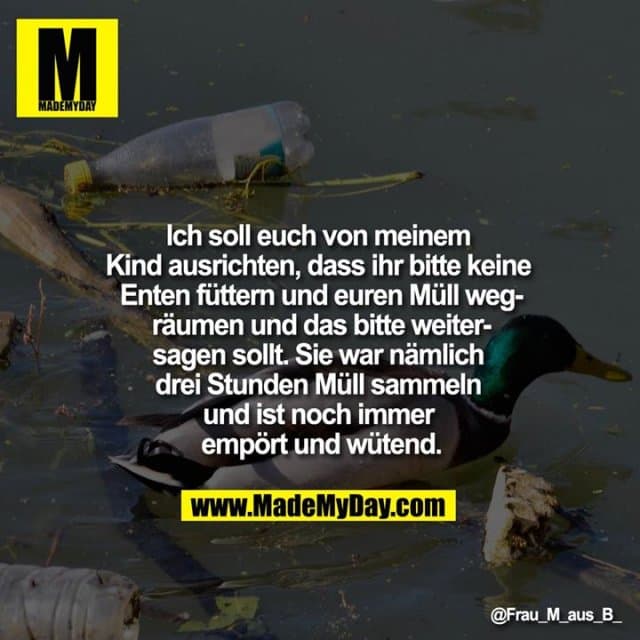 Ich soll euch von meinem Kind ausrichten, dass ihr bitte keine Enten füttern und euren Müll wegräumen und das bitte weitersagen sollt.
Sie war nämlich drei Stunden Müll sammeln und ist noch immer empört und wütend. - Inspiration, Zitate & Sprüche | MadeMyDay | Jetzt entdecken & teilen Ich soll euch von meinem Kind ausrichten, dass ihr bitte keine Enten füttern und euren Müll wegräumen und das bitte weitersagen sollt.
Sie war nämlich drei Stunden Müll sammeln und ist noch immer empört und wütend. - Inspirierendes Zitat mit Bild