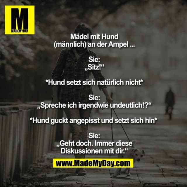 Mädel mit Hund (männlich) an der Ampel ...
Sie: „Sitz!“
*Hund setzt sich natürlich nicht*
Sie: „Spreche ich irgendwie undeutlich!?“
*Hund guckt angepisst und setzt sich hin*
Sie: „Geht doch. Immer diese Diskussionen mit dir.“ - Inspiration, Zitate & Sprüche | MadeMyDay | Jetzt entdecken & teilen Mädel mit Hund (männlich) an der Ampel ...
Sie: „Sitz!“
*Hund setzt sich natürlich nicht*
Sie: „Spreche ich irgendwie undeutlich!?“
*Hund guckt angepisst und setzt sich hin*
Sie: „Geht doch. Immer diese Diskussionen mit dir.“ - Inspirierendes Zitat mit Bild