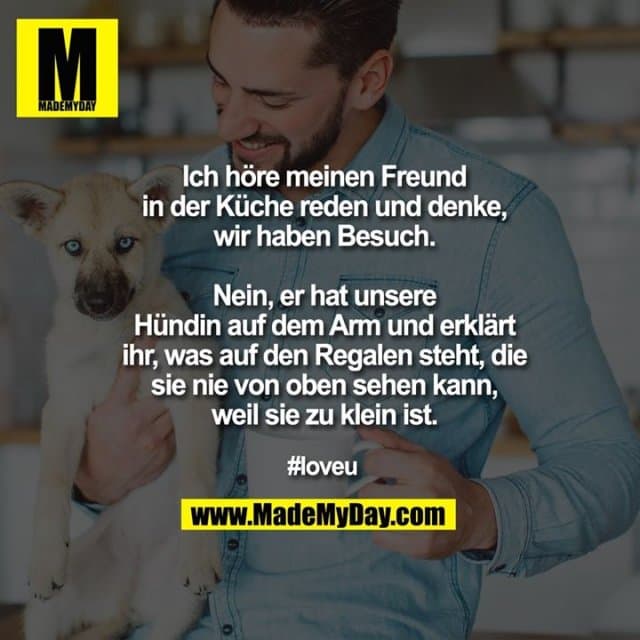 Ich höre meinen Freund in der Küche reden und denke, wir haben Besuch.
Nein, er hat unsere Hündin auf dem Arm und erklärt ihr, was auf den Regalen steht, die sie nie von oben sehen kann, weil sie zu klein ist.
#loveu - Inspiration, Zitate & Sprüche | MadeMyDay | Jetzt entdecken & teilen Ich höre meinen Freund in der Küche reden und denke, wir haben Besuch.
Nein, er hat unsere Hündin auf dem Arm und erklärt ihr, was auf den Regalen steht, die sie nie von oben sehen kann, weil sie zu klein ist.
#loveu - Inspirierendes Zitat mit Bild