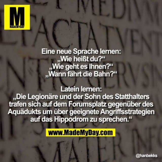 Eine neue Sprache lernen:
„Wie heißt du?“
„Wie geht es Ihnen?“
„Wann fährt die Bahn?“
Latein lernen:
„Die Legionäre und der Sohn des Statthalters
trafen sich auf dem Forumsplatz gegenüber des
Aquädukts um über geeignete Angriffsstrategien
auf das Hippodrom zu sprechen.“ - Inspiration, Zitate & Sprüche | MadeMyDay | Jetzt entdecken & teilen Eine neue Sprache lernen:
„Wie heißt du?“
„Wie geht es Ihnen?“
„Wann fährt die Bahn?“
Latein lernen:
„Die Legionäre und der Sohn des Statthalters
trafen sich auf dem Forumsplatz gegenüber des
Aquädukts um über geeignete Angriffsstrategien
auf das Hippodrom zu sprechen.“ - Inspirierendes Zitat mit Bild