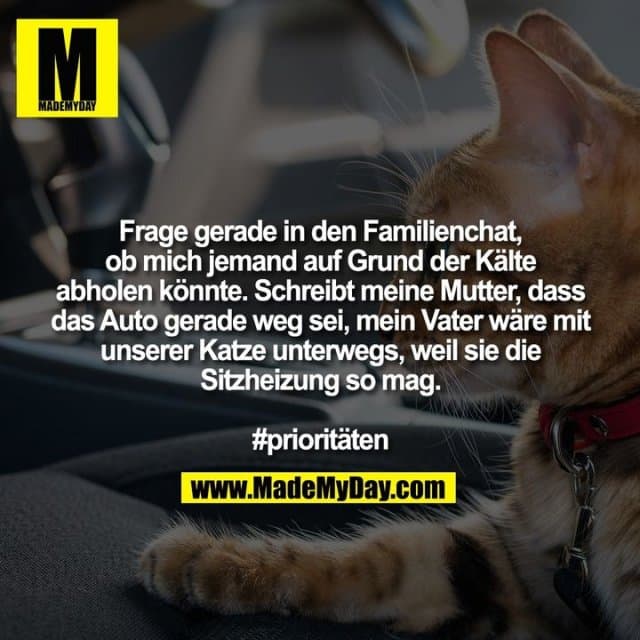 Frage gerade in den Familienchat, ob mich jemand auf Grund der Kälte abholen könnte. Schreibt meine Mutter, dass das Auto gerade weg sei, mein Vater wäre mit unserer Katze unterwegs, weil sie die Sitzheizung so mag. #prioritäten - Inspiration, Zitate & Sprüche | MadeMyDay | Jetzt entdecken & teilen Frage gerade in den Familienchat, ob mich jemand auf Grund der Kälte abholen könnte. Schreibt meine Mutter, dass das Auto gerade weg sei, mein Vater wäre mit unserer Katze unterwegs, weil sie die Sitzheizung so mag. #prioritäten - Inspirierendes Zitat mit Bild