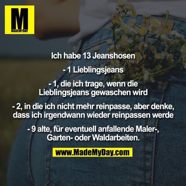 Ich habe 13 Jeanshosen
- 1 Lieblingsjeans
- 1, die ich trage, wenn die
Lieblingsjeans gewaschen wird
- 2, in die ich nicht mehr reinpasse, aber denke,
dass ich irgendwann wieder reinpassen werde
- 9 alte, für eventuell anfallende Maler-,
Garten- oder Waldarbeiten. - Inspiration, Zitate & Sprüche | MadeMyDay | Jetzt entdecken & teilen Ich habe 13 Jeanshosen
- 1 Lieblingsjeans
- 1, die ich trage, wenn die
Lieblingsjeans gewaschen wird
- 2, in die ich nicht mehr reinpasse, aber denke,
dass ich irgendwann wieder reinpassen werde
- 9 alte, für eventuell anfallende Maler-,
Garten- oder Waldarbeiten. - Inspirierendes Zitat mit Bild