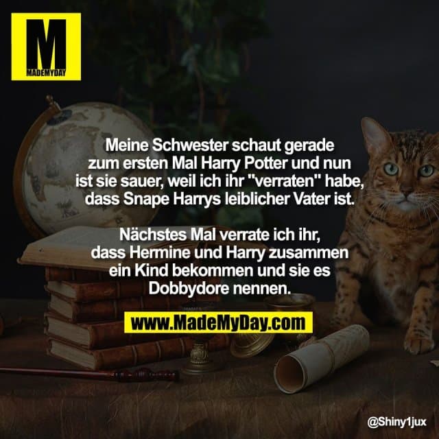 Meine Schwester schaut gerade
zum ersten Mal Harry Potter und nun
ist sie sauer, weil ich ihr "verraten" habe,
dass Snape Harrys leiblicher Vater ist.
Nächstes Mal verrate ich ihr,
dass Hermine und Harry zusammen
ein Kind bekommen und sie es
Dobbydore nennen. - Inspiration, Zitate & Sprüche | MadeMyDay | Jetzt entdecken & teilen Meine Schwester schaut gerade
zum ersten Mal Harry Potter und nun
ist sie sauer, weil ich ihr "verraten" habe,
dass Snape Harrys leiblicher Vater ist.
Nächstes Mal verrate ich ihr,
dass Hermine und Harry zusammen
ein Kind bekommen und sie es
Dobbydore nennen. - Inspirierendes Zitat mit Bild
