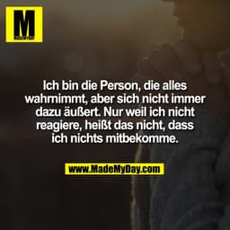 Ich bin die Person, die alles
wahrnimmt, aber sich nicht immer
dazu äußert. Nur weil ich nicht
reagiere, heißt das nicht