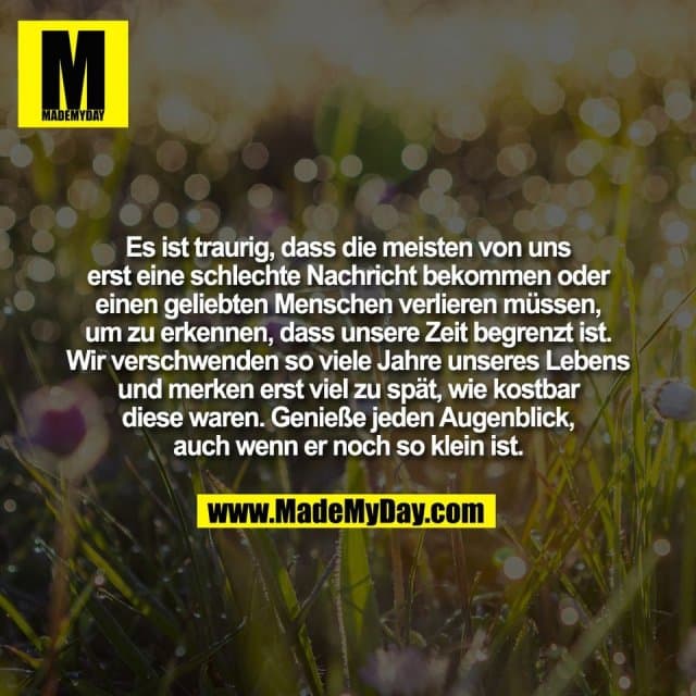 Es ist traurig, dass die meisten von uns
erst eine schlechte Nachricht bekommen oder
einen geliebten Menschen verlieren müssen,
um zu erkennen, dass unsere Zeit begrenzt ist.
Wir verschwenden so viele Jahre unseres Lebens
und merken erst viel zu spät, wie kostbar
diese waren. Genieße jeden Augenblick,
auch wenn er noch so klein ist. - Inspiration, Zitate & Sprüche | MadeMyDay | Jetzt entdecken & teilen Es ist traurig, dass die meisten von uns
erst eine schlechte Nachricht bekommen oder
einen geliebten Menschen verlieren müssen,
um zu erkennen, dass unsere Zeit begrenzt ist.
Wir verschwenden so viele Jahre unseres Lebens
und merken erst viel zu spät, wie kostbar
diese waren. Genieße jeden Augenblick,
auch wenn er noch so klein ist. - Inspirierendes Zitat mit Bild