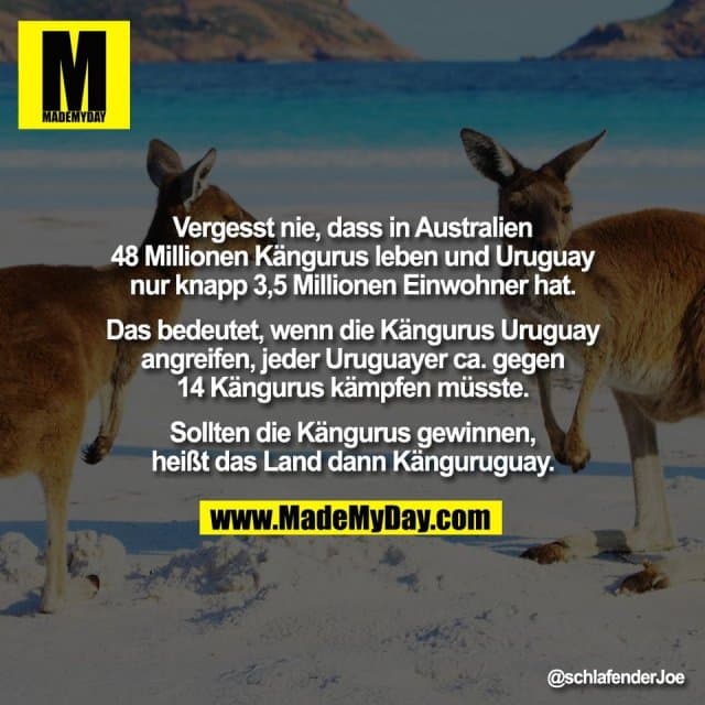 Vergesst nie, dass in Australien
48 Millionen Kängurus leben und Uruguay
nur knapp 3,5 Millionen Einwohner hat.
Das bedeutet, wenn die Kängurus Uruguay
angreifen, jeder Uruguayer ca. gegen
14 Kängurus kämpfen müsste.
Sollten die Kängurus gewinnen,
heißt das Land dann Känguruguay. - Inspiration, Zitate & Sprüche | MadeMyDay | Jetzt entdecken & teilen Vergesst nie, dass in Australien
48 Millionen Kängurus leben und Uruguay
nur knapp 3,5 Millionen Einwohner hat.
Das bedeutet, wenn die Kängurus Uruguay
angreifen, jeder Uruguayer ca. gegen
14 Kängurus kämpfen müsste.
Sollten die Kängurus gewinnen,
heißt das Land dann Känguruguay. - Inspirierendes Zitat mit Bild