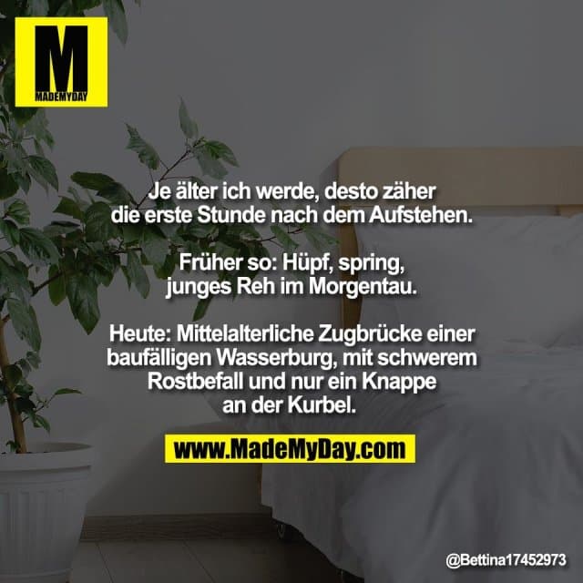 Je älter ich werde, desto zäher
die erste Stunde nach dem Aufstehen.
Früher so: Hüpf, spring,
junges Reh im Morgentau.
Heute: Mittelalterliche Zugbrücke einer
baufälligen Wasserburg, mit schwerem
Rostbefall und nur ein Knappe
an der Kurbel. - Inspiration, Zitate & Sprüche | MadeMyDay | Jetzt entdecken & teilen Je älter ich werde, desto zäher
die erste Stunde nach dem Aufstehen.
Früher so: Hüpf, spring,
junges Reh im Morgentau.
Heute: Mittelalterliche Zugbrücke einer
baufälligen Wasserburg, mit schwerem
Rostbefall und nur ein Knappe
an der Kurbel. - Inspirierendes Zitat mit Bild