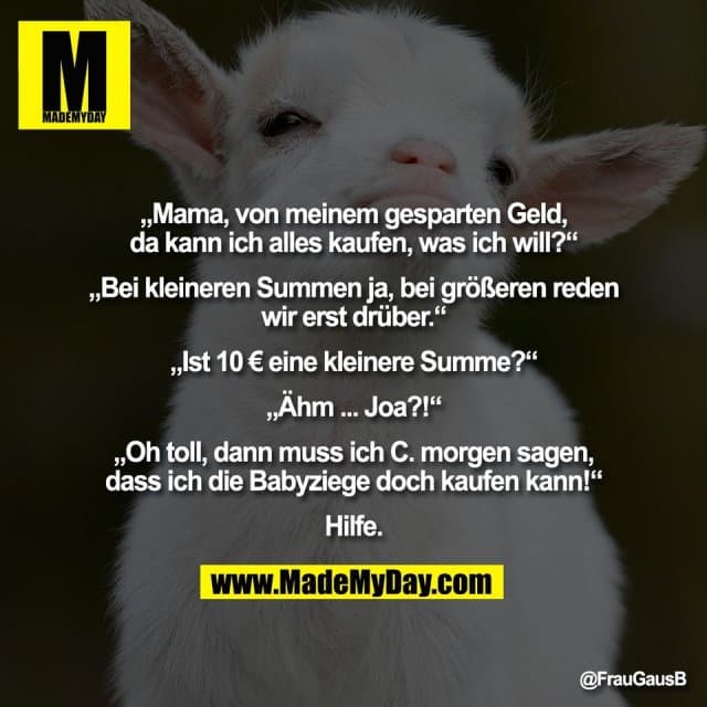 „Mama, von meinem gesparten Geld,
da kann ich alles kaufen, was ich will?“
„Bei kleineren Summen ja, bei größeren reden
wir erst drüber.“
„Ist 10 € eine kleinere Summe?“
„Ähm ... Joa?!“
„Oh toll, dann muss ich C. morgen sagen,
dass ich die Babyziege doch kaufen kann!“
Hilfe. - Inspiration, Zitate & Sprüche | MadeMyDay | Jetzt entdecken & teilen „Mama, von meinem gesparten Geld,
da kann ich alles kaufen, was ich will?“
„Bei kleineren Summen ja, bei größeren reden
wir erst drüber.“
„Ist 10 € eine kleinere Summe?“
„Ähm ... Joa?!“
„Oh toll, dann muss ich C. morgen sagen,
dass ich die Babyziege doch kaufen kann!“
Hilfe. - Inspirierendes Zitat mit Bild
