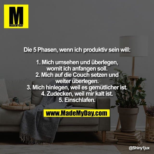 Die 5 Phasen, wenn ich produktiv sein will:
1. Mich umsehen und überlegen,
womit ich anfangen soll.
2. Mich auf die Couch setzen und
weiter überlegen.
3. Mich hinlegen, weil es gemütlicher ist.
4. Zudecken, weil mir kalt ist.
5. Einschlafen. - Inspiration, Zitate & Sprüche | MadeMyDay | Jetzt entdecken & teilen Die 5 Phasen, wenn ich produktiv sein will:
1. Mich umsehen und überlegen,
womit ich anfangen soll.
2. Mich auf die Couch setzen und
weiter überlegen.
3. Mich hinlegen, weil es gemütlicher ist.
4. Zudecken, weil mir kalt ist.
5. Einschlafen. - Inspirierendes Zitat mit Bild