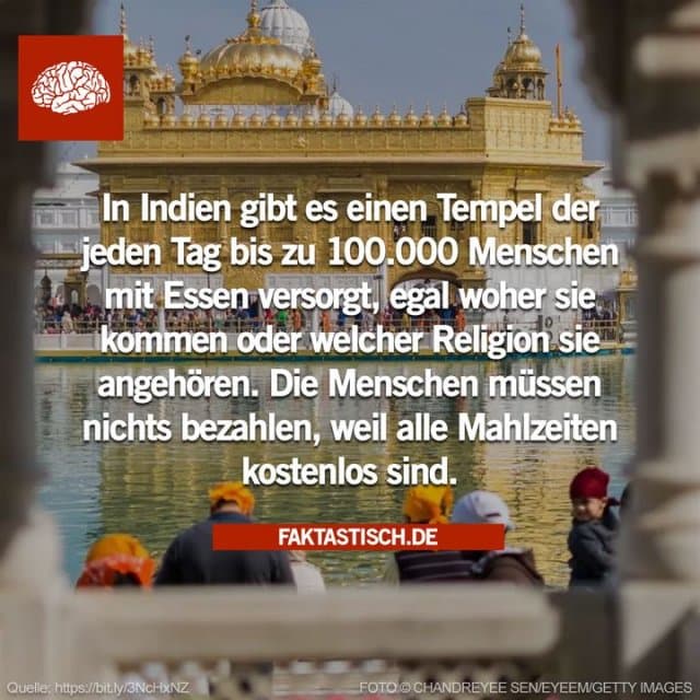Zweihunderttausend Rotis (indisches Fladenbrot), 1,5 Tonnen Dal (Linsensuppe) und kostenloses Essen für 100.000 Menschen täglich zeichnen die kostenlose Küche des Goldenen Tempels in der westindischen Stadt Amritsar aus 👏 - Inspiration, Zitate & Sprüche | MadeMyDay | Jetzt entdecken & teilen Zweihunderttausend Rotis (indisches Fladenbrot), 1,5 Tonnen Dal (Linsensuppe) und kostenloses Essen für 100.000 Menschen täglich zeichnen die kostenlose Küche des Goldenen Tempels in der westindischen Stadt Amritsar aus 👏 - Inspirierendes Zitat mit Bild