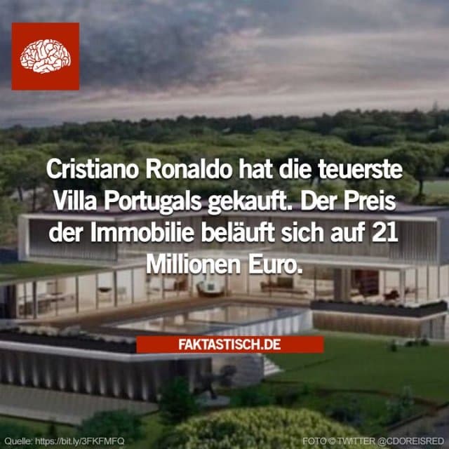 Die Immobilienagentur, die sich um Ronaldos neue Villa gekümmert hat, wies darauf hin, dass die Merkmale der Villa wie folgt sind: 2.720 Quadratmeter, drei Etagen bebaute Fläche (544 Quadratmeter) mit Gärten und einen fabelhaften Swimmingpool 👏 - Inspiration, Zitate & Sprüche | MadeMyDay | Jetzt entdecken & teilen Die Immobilienagentur, die sich um Ronaldos neue Villa gekümmert hat, wies darauf hin, dass die Merkmale der Villa wie folgt sind: 2.720 Quadratmeter, drei Etagen bebaute Fläche (544 Quadratmeter) mit Gärten und einen fabelhaften Swimmingpool 👏 - Inspirierendes Zitat mit Bild