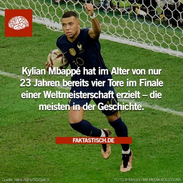 Mbappé ist neben den Brasilianern Vava und Pele, dem Franzosen Zinedine Zidane und dem Westdeutschen Paul Breitner der einzige Spieler, der in mehreren WM-Endrunden ein Tor erzielt hat 👏 Wer bei dieser WM die meisten Tore geschossen hat, erfährst du in unserer Story 🔗 - Inspiration, Zitate & Sprüche | MadeMyDay | Jetzt entdecken & teilen Mbappé ist neben den Brasilianern Vava und Pele, dem Franzosen Zinedine Zidane und dem Westdeutschen Paul Breitner der einzige Spieler, der in mehreren WM-Endrunden ein Tor erzielt hat 👏 Wer bei dieser WM die meisten Tore geschossen hat, erfährst du in unserer Story 🔗 - Inspirierendes Zitat mit Bild