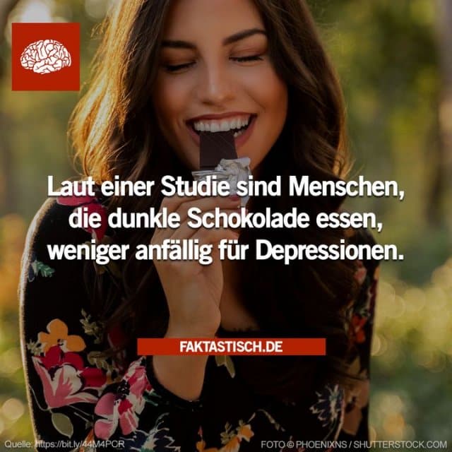 Menschen, die angaben, dunkle Schokolade im Alltag zumindest einmal innerhalb von 48 Stunden zu essen, wiesen eine um 70 Prozent geringere Wahrscheinlichkeit für depressive Symptome auf – im Vergleich zu Probanden, dass sie überhaupt keine Schokolade essen 🍫 - Inspiration, Zitate & Sprüche | MadeMyDay | Jetzt entdecken & teilen Menschen, die angaben, dunkle Schokolade im Alltag zumindest einmal innerhalb von 48 Stunden zu essen, wiesen eine um 70 Prozent geringere Wahrscheinlichkeit für depressive Symptome auf – im Vergleich zu Probanden, dass sie überhaupt keine Schokolade essen 🍫 - Inspirierendes Zitat mit Bild