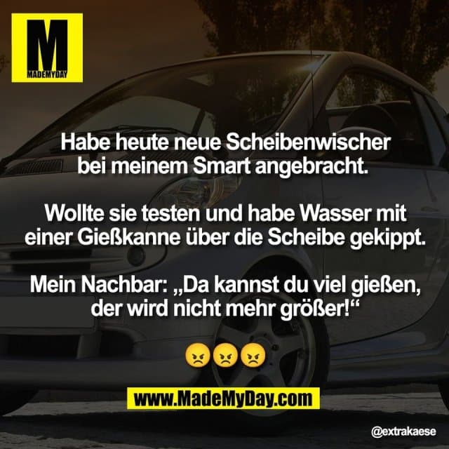 Habe heute neue Scheibenwischer
bei meinem Smart angebracht.
Wollte sie testen und habe Wasser mit
einer Gießkanne über die Scheibe gekippt.
Mein Nachbar: „Da kannst du viel gießen,
der wird nicht mehr größer!“
😠😠😠 - Inspiration, Zitate & Sprüche | MadeMyDay | Jetzt entdecken & teilen Habe heute neue Scheibenwischer
bei meinem Smart angebracht.
Wollte sie testen und habe Wasser mit
einer Gießkanne über die Scheibe gekippt.
Mein Nachbar: „Da kannst du viel gießen,
der wird nicht mehr größer!“
😠😠😠 - Inspirierendes Zitat mit Bild