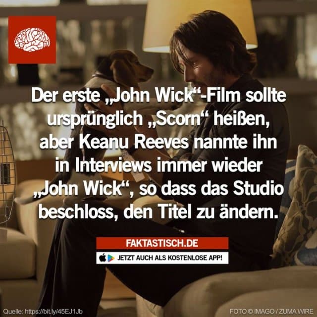 In einem Interview mit Comicbook erklärte der Mitschöpfer von John Wick, Derek Kolstad, dass der Film ursprünglich „Scorn“ heißen sollte, aber Keanu nannte ihn fälschlicherweise immer wieder John Wick, so dass man sich für den Namen entschied 😁 📲 Mehr Fakten gibt es in unserer kostenlosen App (Download im App Store oder Play Store) - Inspiration, Zitate & Sprüche | MadeMyDay | Jetzt entdecken & teilen In einem Interview mit Comicbook erklärte der Mitschöpfer von John Wick, Derek Kolstad, dass der Film ursprünglich „Scorn“ heißen sollte, aber Keanu nannte ihn fälschlicherweise immer wieder John Wick, so dass man sich für den Namen entschied 😁 📲 Mehr Fakten gibt es in unserer kostenlosen App (Download im App Store oder Play Store) - Inspirierendes Zitat mit Bild