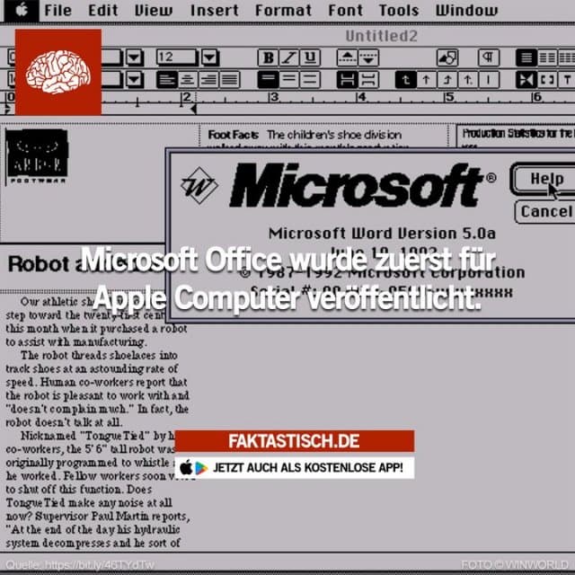 Die erste offizielle Version der als Microsoft Office bekannten Gruppe von Desktop-Anwendungen (Excel, Powerpoint, Word) wurde 1989 für den Mac veröffentlicht 😁 📲 Mehr Fakten gibt es in unserer kostenlosen App (Download im App Store oder Play Store) - Inspiration, Zitate & Sprüche | MadeMyDay | Jetzt entdecken & teilen Die erste offizielle Version der als Microsoft Office bekannten Gruppe von Desktop-Anwendungen (Excel, Powerpoint, Word) wurde 1989 für den Mac veröffentlicht 😁 📲 Mehr Fakten gibt es in unserer kostenlosen App (Download im App Store oder Play Store) - Inspirierendes Zitat mit Bild