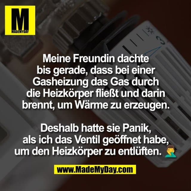 Meine Freundin dachte
bis gerade, dass bei einer
Gasheizung das Gas durch
die Heizkörper fließt und darin
brennt, um Wärme zu erzeugen.
Deshalb hatte sie Panik,
als ich das Ventil geöffnet habe,
um den Heizkörper zu entlüften. 🤦♂️ - Inspiration, Zitate & Sprüche | MadeMyDay | Jetzt entdecken & teilen Meine Freundin dachte
bis gerade, dass bei einer
Gasheizung das Gas durch
die Heizkörper fließt und darin
brennt, um Wärme zu erzeugen.
Deshalb hatte sie Panik,
als ich das Ventil geöffnet habe,
um den Heizkörper zu entlüften. 🤦♂️ - Inspirierendes Zitat mit Bild