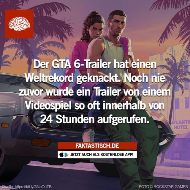 Der erste Trailer zu „GTA 6“ wurde schnell zu einem weltweiten Trend und verzeichnete allein in den ersten 12 Stunden über 60 Millionen Aufrufe 😲 📲 Mehr Fakten gibt es in unserer kostenlosen App (Download im App Store oder Play Store) - Inspiration, Zitate & Sprüche | MadeMyDay | Jetzt entdecken & teilen Der erste Trailer zu „GTA 6“ wurde schnell zu einem weltweiten Trend und verzeichnete allein in den ersten 12 Stunden über 60 Millionen Aufrufe 😲 📲 Mehr Fakten gibt es in unserer kostenlosen App (Download im App Store oder Play Store) - Inspirierendes Zitat mit Bild