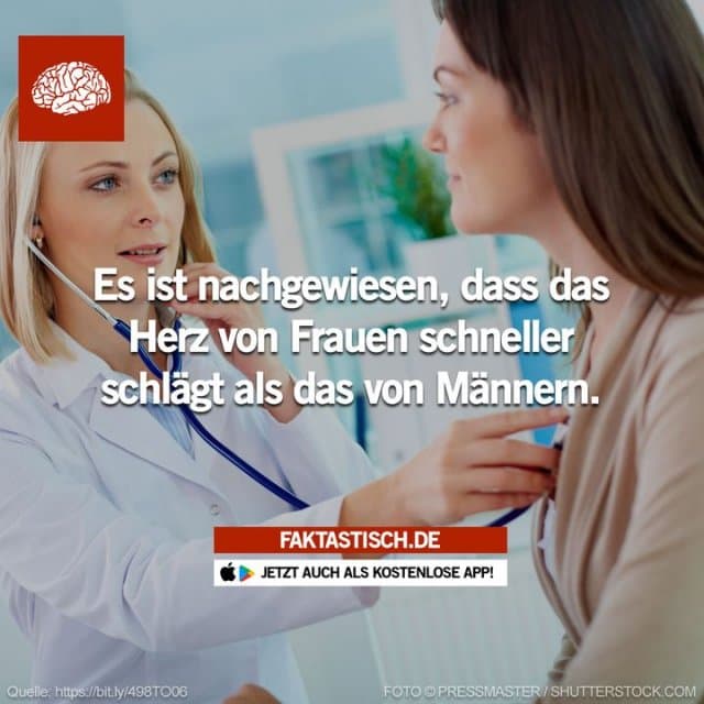 Die durchschnittliche Herzfrequenz eines erwachsenen Mannes liegt zwischen 70 und 72 Schlägen pro Minute – die einer erwachsenen Frau zwischen 78 und 82 Schlägen ❤️ 📲 Mehr Fakten gibt es in unserer kostenlosen App (Download im App Store oder Play Store) - Inspiration, Zitate & Sprüche | MadeMyDay | Jetzt entdecken & teilen Die durchschnittliche Herzfrequenz eines erwachsenen Mannes liegt zwischen 70 und 72 Schlägen pro Minute – die einer erwachsenen Frau zwischen 78 und 82 Schlägen ❤️ 📲 Mehr Fakten gibt es in unserer kostenlosen App (Download im App Store oder Play Store) - Inspirierendes Zitat mit Bild