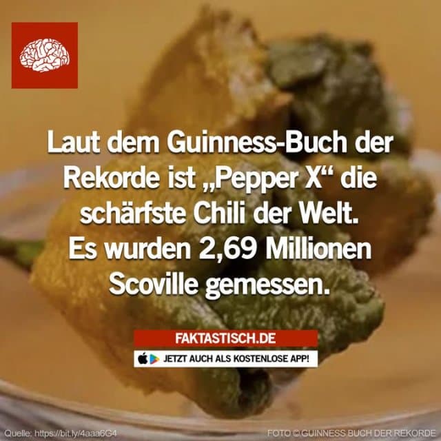 Pepper X löst damit die zuvor 10 Jahre lang als schärfste Sorte eingetragene Carolina Reaper ab 🌶️ 📲 Mehr Fakten gibt es in unserer kostenlosen App (Download im App Store oder Play Store) Folge Faktastisch für noch mehr Fakten! - Inspiration, Zitate & Sprüche | MadeMyDay | Jetzt entdecken & teilen Pepper X löst damit die zuvor 10 Jahre lang als schärfste Sorte eingetragene Carolina Reaper ab 🌶️ 📲 Mehr Fakten gibt es in unserer kostenlosen App (Download im App Store oder Play Store) Folge Faktastisch für noch mehr Fakten! - Inspirierendes Zitat mit Bild