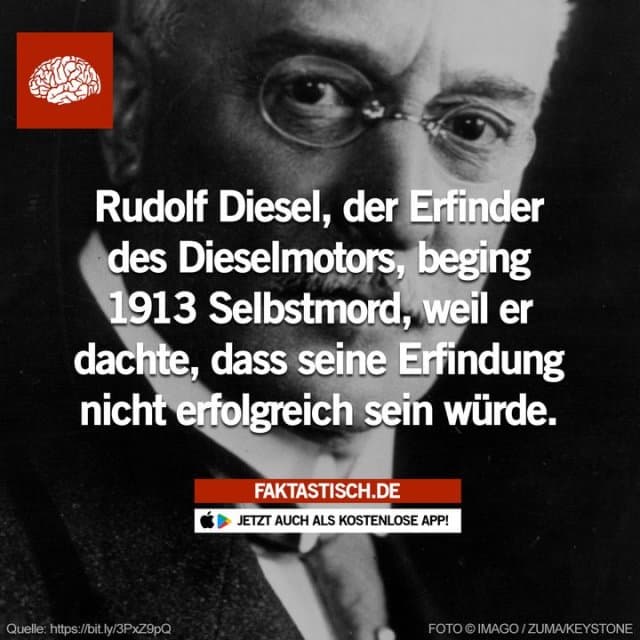 Innerhalb von vier Jahrzehnten nach seinem Tod beherrschte der Dieselmotor den Markt für große Schiffe und Lastkraftwagen ⛽ 📲 Mehr Fakten gibt es in unserer kostenlosen App (Download im App Store oder Play Store) - Inspiration, Zitate & Sprüche | MadeMyDay | Jetzt entdecken & teilen Innerhalb von vier Jahrzehnten nach seinem Tod beherrschte der Dieselmotor den Markt für große Schiffe und Lastkraftwagen ⛽ 📲 Mehr Fakten gibt es in unserer kostenlosen App (Download im App Store oder Play Store) - Inspirierendes Zitat mit Bild