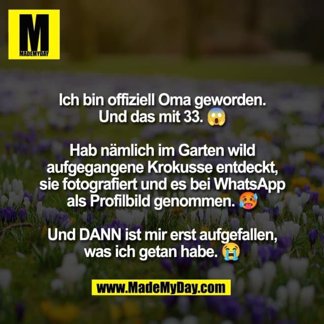 Ich bin offiziell Oma geworden.
Und das mit 33. 😱
Hab nämlich im Garten wild
aufgegangene Krokusse entdeckt,
sie fotografiert und es bei WhatsApp
als Profilbild genommen. 🥵
Und DANN ist mir erst aufgefallen,
was ich getan habe. 😠- Inspiration, Zitate & Sprüche | MadeMyDay | Jetzt entdecken & teilen Ich bin offiziell Oma geworden.
Und das mit 33. 😱
Hab nämlich im Garten wild
aufgegangene Krokusse entdeckt,
sie fotografiert und es bei WhatsApp
als Profilbild genommen. 🥵
Und DANN ist mir erst aufgefallen,
was ich getan habe. 😠- Inspirierendes Zitat mit Bild