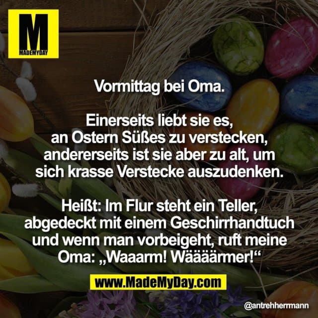 Vormittag bei Oma.
Einerseits liebt sie es,
an Ostern Süßes zu verstecken,
andererseits ist sie aber zu alt, um
sich krasse Verstecke auszudenken.
Heißt: Im Flur steht ein Teller,
abgedeckt mit einem Geschirrhandtuch
und wenn man vorbeigeht, ruft meine
Oma: „Waaarm! Wäääärmer!“ - Inspiration, Zitate & Sprüche | MadeMyDay | Jetzt entdecken & teilen Vormittag bei Oma.
Einerseits liebt sie es,
an Ostern Süßes zu verstecken,
andererseits ist sie aber zu alt, um
sich krasse Verstecke auszudenken.
Heißt: Im Flur steht ein Teller,
abgedeckt mit einem Geschirrhandtuch
und wenn man vorbeigeht, ruft meine
Oma: „Waaarm! Wäääärmer!“ - Inspirierendes Zitat mit Bild