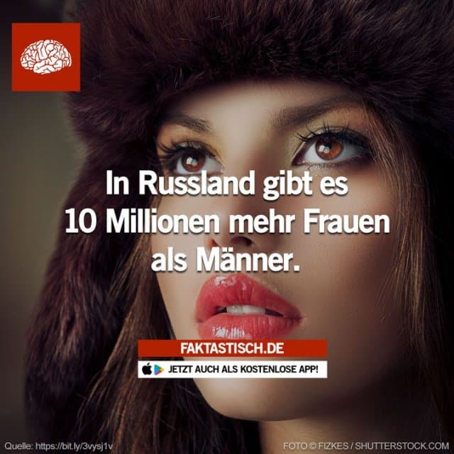 Die Differenz zwischen der Zahl der Frauen und der Zahl der Männer in Russland wurde für den 1. Januar 2023 mit 10,26 Millionen angegeben, womit die weibliche Bevölkerung des Landes seit langem größer ist als die männliche 🤔 📲 Mehr Fakten gibt es in unserer kostenlosen App (Download im App Store oder Play Store) - Inspiration, Zitate & Sprüche | MadeMyDay | Jetzt entdecken & teilen Die Differenz zwischen der Zahl der Frauen und der Zahl der Männer in Russland wurde für den 1. Januar 2023 mit 10,26 Millionen angegeben, womit die weibliche Bevölkerung des Landes seit langem größer ist als die männliche 🤔 📲 Mehr Fakten gibt es in unserer kostenlosen App (Download im App Store oder Play Store) - Inspirierendes Zitat mit Bild