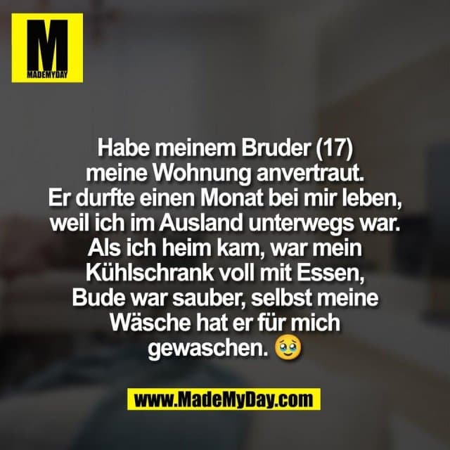 Habe meinem Bruder (17)
meine Wohnung anvertraut.
Er durfte einen Monat bei mir leben,
weil ich im Ausland unterwegs war.
Als ich heim kam, war mein
Kühlschrank voll mit Essen,
Bude war sauber, selbst meine
Wäsche hat er für mich
gewaschen. 🥹 - Inspiration, Zitate & Sprüche | MadeMyDay | Jetzt entdecken & teilen Habe meinem Bruder (17)
meine Wohnung anvertraut.
Er durfte einen Monat bei mir leben,
weil ich im Ausland unterwegs war.
Als ich heim kam, war mein
Kühlschrank voll mit Essen,
Bude war sauber, selbst meine
Wäsche hat er für mich
gewaschen. 🥹 - Inspirierendes Zitat mit Bild