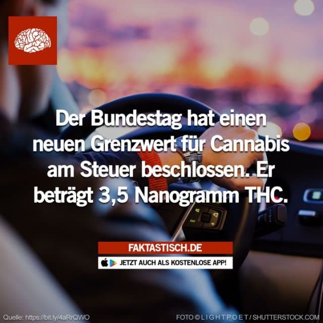 Der Grenzwert soll bei 3,5 Nanogramm pro Milliliter (ng/ml) Blutserum liegen und bei erstmaliger Überschreitung drohen dem Fahrer eine Strafzahlung von 500 Euro sowie ein einmonatiges Fahrverbot 🤔 📲 Mehr Fakten gibt es in unserer kostenlosen App (Download im App Store oder Play Store) - Inspiration, Zitate & Sprüche | MadeMyDay | Jetzt entdecken & teilen Der Grenzwert soll bei 3,5 Nanogramm pro Milliliter (ng/ml) Blutserum liegen und bei erstmaliger Überschreitung drohen dem Fahrer eine Strafzahlung von 500 Euro sowie ein einmonatiges Fahrverbot 🤔 📲 Mehr Fakten gibt es in unserer kostenlosen App (Download im App Store oder Play Store) - Inspirierendes Zitat mit Bild