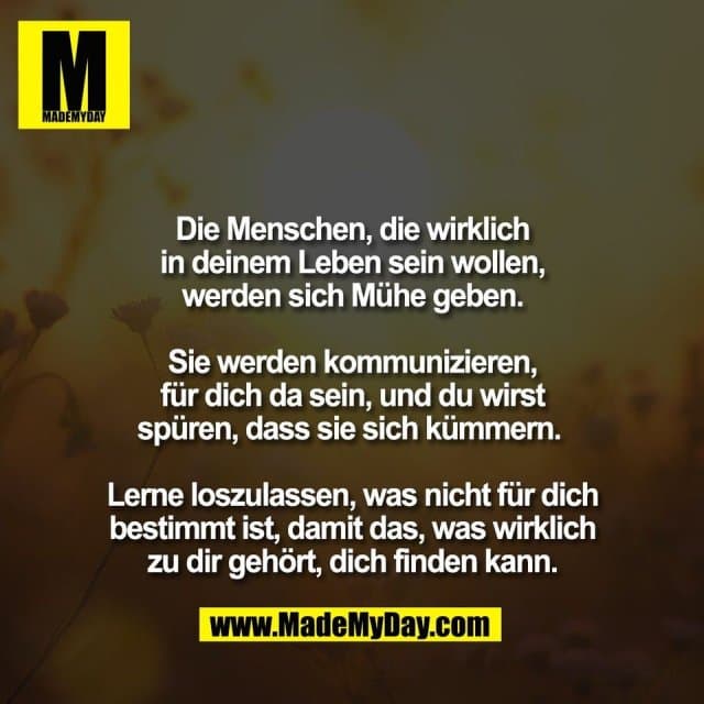 Die Menschen, die wirklich
in deinem Leben sein wollen,
werden sich Mühe geben.
Sie werden kommunizieren,
für dich da sein, und du wirst
spüren, dass sie sich kümmern.
Lerne loszulassen, was nicht für dich
bestimmt ist, damit das, was wirklich
zu dir gehört, dich finden kann. - Inspiration, Zitate & Sprüche | MadeMyDay | Jetzt entdecken & teilen Die Menschen, die wirklich
in deinem Leben sein wollen,
werden sich Mühe geben.
Sie werden kommunizieren,
für dich da sein, und du wirst
spüren, dass sie sich kümmern.
Lerne loszulassen, was nicht für dich
bestimmt ist, damit das, was wirklich
zu dir gehört, dich finden kann. - Inspirierendes Zitat mit Bild
