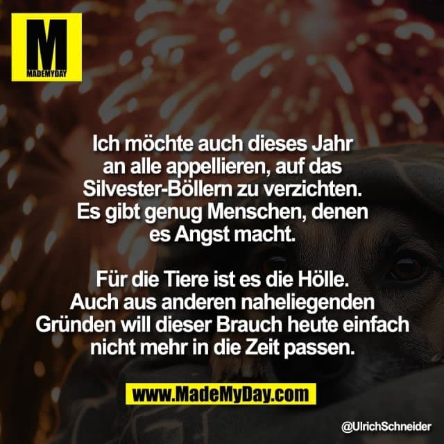 Ich möchte auch dieses Jahr
an alle appellieren, auf das
Silvester-Böllern zu verzichten.
Es gibt genug Menschen, denen
es Angst macht.
Für die Tiere ist es die Hölle.
Auch aus anderen naheliegenden
Gründen will dieser Brauch heute einfach
nicht mehr in die Zeit passen. - Inspiration, Zitate & Sprüche | MadeMyDay | Jetzt entdecken & teilen Ich möchte auch dieses Jahr
an alle appellieren, auf das
Silvester-Böllern zu verzichten.
Es gibt genug Menschen, denen
es Angst macht.
Für die Tiere ist es die Hölle.
Auch aus anderen naheliegenden
Gründen will dieser Brauch heute einfach
nicht mehr in die Zeit passen. - Inspirierendes Zitat mit Bild