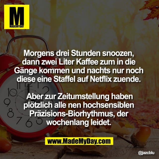 Morgens drei Stunden snoozen,
dann zwei Liter Kaffee zum in die
Gänge kommen und nachts nur noch
diese eine Staffel auf Netflix zuende.
Aber zur Zeitumstellung haben
plötzlich alle nen hochsensiblen
Präzisions-Biorhythmus, der
wochenlang leidet. - Inspiration, Zitate & Sprüche | MadeMyDay | Jetzt entdecken & teilen Morgens drei Stunden snoozen,
dann zwei Liter Kaffee zum in die
Gänge kommen und nachts nur noch
diese eine Staffel auf Netflix zuende.
Aber zur Zeitumstellung haben
plötzlich alle nen hochsensiblen
Präzisions-Biorhythmus, der
wochenlang leidet. - Inspirierendes Zitat mit Bild