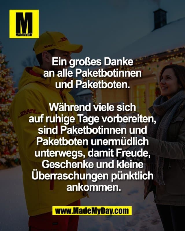 Ein großes Danke
an alle Paketbotinnen
und Paketboten.
Während viele sich
auf ruhige Tage vorbereiten,
sind Paketbotinnen und
Paketboten unermüdlich
unterwegs, damit Freude,
Geschenke und kleine
Überraschungen pünktlich
ankommen. - Inspiration, Zitate & Sprüche | MadeMyDay | Jetzt entdecken & teilen Ein großes Danke
an alle Paketbotinnen
und Paketboten.
Während viele sich
auf ruhige Tage vorbereiten,
sind Paketbotinnen und
Paketboten unermüdlich
unterwegs, damit Freude,
Geschenke und kleine
Überraschungen pünktlich
ankommen. - Inspirierendes Zitat mit Bild