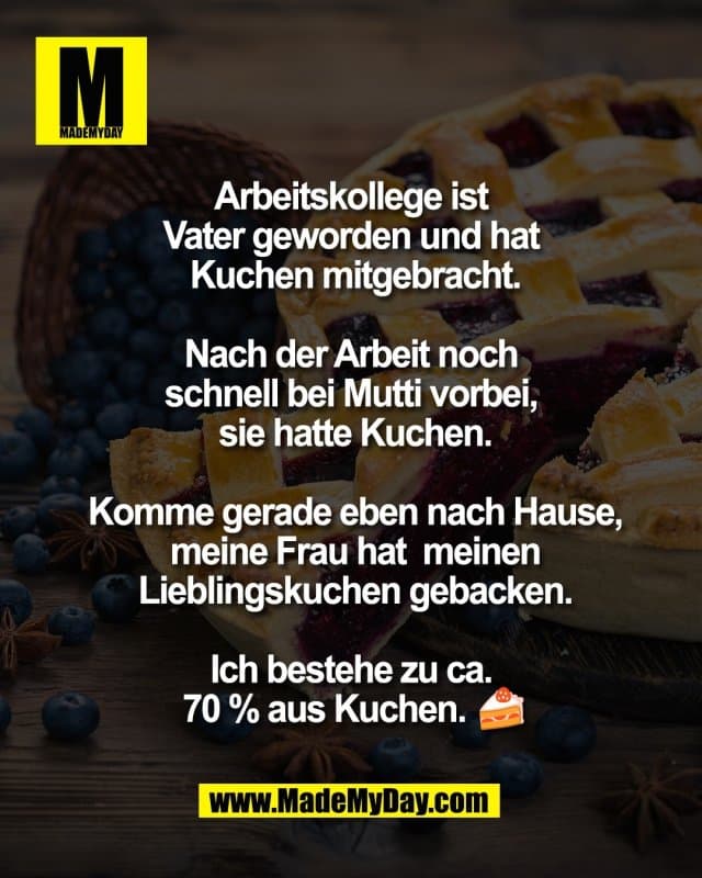 Arbeitskollege ist
Vater geworden und hat
Kuchen mitgebracht.
Nach der Arbeit noch
schnell bei Mutti vorbei,
sie hatte Kuchen.
Komme gerade eben
nach Hause, meine Frau hat
meinen Lieblingskuchen
gebacken.
Ich bestehe zu ca.
70 % aus Kuchen. 🍰 - Inspiration, Zitate & Sprüche | MadeMyDay | Jetzt entdecken & teilen Arbeitskollege ist
Vater geworden und hat
Kuchen mitgebracht.
Nach der Arbeit noch
schnell bei Mutti vorbei,
sie hatte Kuchen.
Komme gerade eben
nach Hause, meine Frau hat
meinen Lieblingskuchen
gebacken.
Ich bestehe zu ca.
70 % aus Kuchen. 🍰 - Inspirierendes Zitat mit Bild