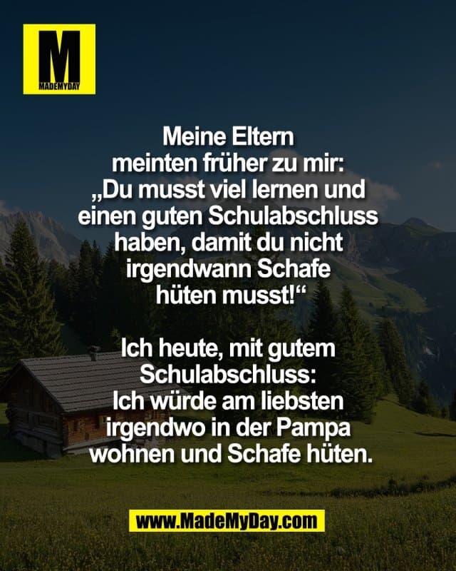 Meine Eltern
meinten früher zu mir:
„Du musst viel lernen und
einen guten Schulabschluss
haben, damit du nicht
irgendwann Schafe
hüten musst!“
Ich heute, mit gutem
Schulabschluss:
Ich würde am liebsten
irgendwo in der Pampa
wohnen und Schafe hüten. - Inspiration, Zitate & Sprüche | MadeMyDay | Jetzt entdecken & teilen Meine Eltern
meinten früher zu mir:
„Du musst viel lernen und
einen guten Schulabschluss
haben, damit du nicht
irgendwann Schafe
hüten musst!“
Ich heute, mit gutem
Schulabschluss:
Ich würde am liebsten
irgendwo in der Pampa
wohnen und Schafe hüten. - Inspirierendes Zitat mit Bild