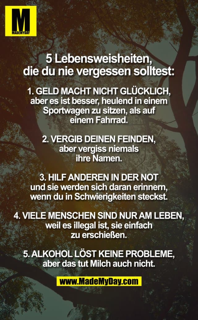 5 Lebensweisheiten, die du nie vergessen solltest:
1. GELD MACHT NICHT GLÜCKLICH
Aber es ist besser, heulend in einem Sportwagen zu sitzen, als auf einem Fahrrad.
2. VERGIB DEINEN FEINDEN,
aber vergiss niemals ihre Namen.
3. HILF ANDEREN IN DER NOT
und sie werden sich daran erinnern, wenn du in Schwierigkeiten steckst.
4. VIELE MENSCHEN SIND NUR AM LEBEN,
weil es illegal ist, sie einfach zu erschießen.
5. ALKOHOL LÖST KEINE PROBLEME,
aber das tut Milch auch nicht. - Inspiration, Zitate & Sprüche | MadeMyDay | Jetzt entdecken & teilen 5 Lebensweisheiten, die du nie vergessen solltest:
1. GELD MACHT NICHT GLÜCKLICH
Aber es ist besser, heulend in einem Sportwagen zu sitzen, als auf einem Fahrrad.
2. VERGIB DEINEN FEINDEN,
aber vergiss niemals ihre Namen.
3. HILF ANDEREN IN DER NOT
und sie werden sich daran erinnern, wenn du in Schwierigkeiten steckst.
4. VIELE MENSCHEN SIND NUR AM LEBEN,
weil es illegal ist, sie einfach zu erschießen.
5. ALKOHOL LÖST KEINE PROBLEME,
aber das tut Milch auch nicht. - Inspirierendes Zitat mit Bild