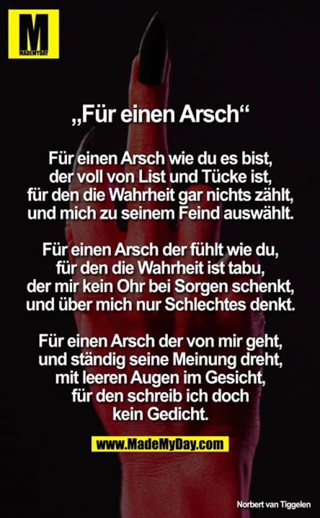 „Für einen Arsch“
Für einen Arsch wie du es bist,
der voll von List und Tücke ist,
für den die Wahrheit gar nichts zählt,
und mich zu seinem Feind auswählt.
Für einen Arsch der fühlt wie du,
für den die Wahrheit ist tabu,
der mir kein Ohr bei Sorgen schenkt,
und über mich nur Schlechtes denkt.
Für einen Arsch der von mir geht,
und ständig seine Meinung dreht,
mit leeren Augen im Gesicht,
für den schreib ich doch kein Gedicht. - Inspiration, Zitate & Sprüche | MadeMyDay | Jetzt entdecken & teilen „Für einen Arsch“
Für einen Arsch wie du es bist,
der voll von List und Tücke ist,
für den die Wahrheit gar nichts zählt,
und mich zu seinem Feind auswählt.
Für einen Arsch der fühlt wie du,
für den die Wahrheit ist tabu,
der mir kein Ohr bei Sorgen schenkt,
und über mich nur Schlechtes denkt.
Für einen Arsch der von mir geht,
und ständig seine Meinung dreht,
mit leeren Augen im Gesicht,
für den schreib ich doch kein Gedicht. - Inspirierendes Zitat mit Bild