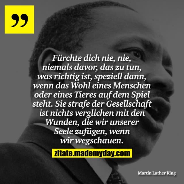 Fürchte dich nie, nie, niemals davor, das zu tun, was richtig ist, speziell dann, wenn das WOhl eines Menschen oder eines Tieres auf dem Spiel steht. Sie strafe der Gesellschaft ist nichts verglichen mit den Wunden, die wir unserer Seele zufügen, wenn wir wegschauen. - Inspiration, Zitate & Sprüche | MadeMyDay | Jetzt entdecken & teilen Fürchte dich nie, nie, niemals davor, das zu tun, was richtig ist, speziell dann, wenn das WOhl eines Menschen oder eines Tieres auf dem Spiel steht. Sie strafe der Gesellschaft ist nichts verglichen mit den Wunden, die wir unserer Seele zufügen, wenn wir wegschauen. - Inspirierendes Zitat mit Bild
